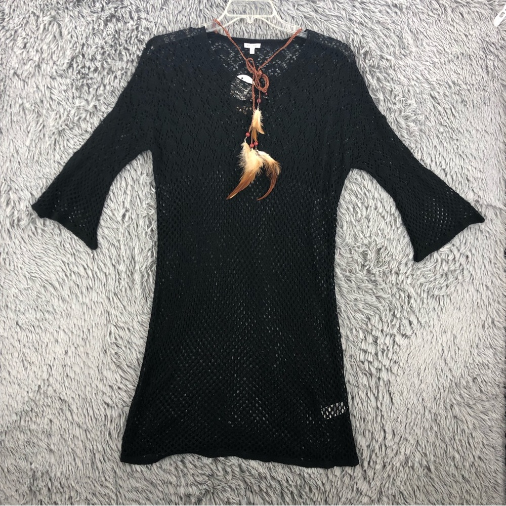 Swimsuit Cover Up Small Medium Black Feather Accent Beach NWT